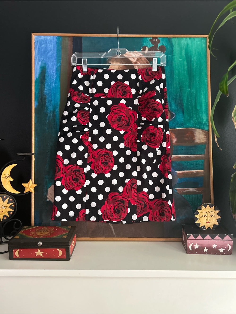 Kate Kasin Black Red Rose Polka Dot Pencil Skirt Size Small